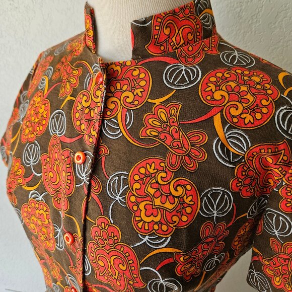 Vintage 60s 70s Dress Romper Skort Mod Retro Drop Waist Orange Brown Groovy S/M - Picture 3 of 12